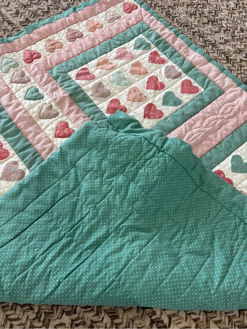Handmade Heart Patchwork Quilt in Pink, Teal, Cream